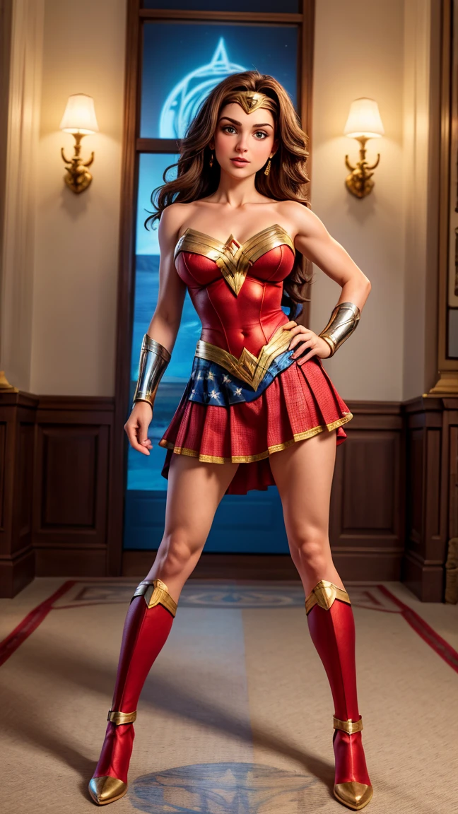UHD, Obra de arte, preciso, Anatomicamente correto, super detalhe, detalhes altos, alta qualidade, melhor qualidade, 8K, high resolution. Heroine Wonder Woman looks beautiful in full body photo. Olhos castanhos e longos cabelos negros a transformam em uma deusa da beleza. A roupa da Mulher Maravilha consiste em um vermelho, azul, e traje dourado. O traje inclui um top vermelho com detalhes dourados, a azul star-spangled skirt, Botas vermelhas com detalhes dourados, pulseiras de ouro, um cinto de ouro, e uma tiara com uma estrela vermelha. ela parece muito sexy, drawing attention to her large breasts and muscular body.