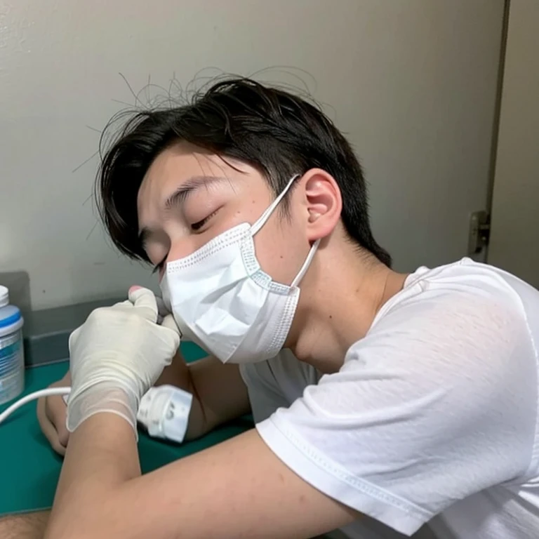 good looking10A boy of about 18 years old is suffering from an infectious disease.、Appearance of suffering. He is wearing a white mask. He has a high fever. he is sleeping. He has a cough. He is exhausted. He is taking his temperature with a thermometer. He is dying. He is cooling his forehead with a cooling gel sheet..