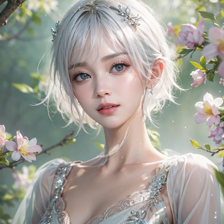 (masterpiece:1.3), (8k, Realistic, RAW Photos, Best image quality: 1.4), Fair-skinned fairy woman、short hair、Cleavage:2.0、Highly detailed face、Attention to detail、double eyelid、Sharp focus:1.2、Beautiful woman:1.4、Silvery white hair、highest quality、masterpiece、Ultra-high resolution、(Realistic:1.4)、Highly detailed and professionally lit smiles、Loose, Light,Japanese high 、 one person、whole body,　I eat breakfast 