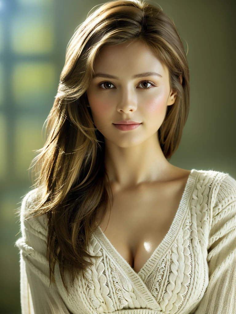 A beautiful Russian woman with light brown hair, clear skin, and a narrow waist, wearing loose and light knitwear, in a masterpiece SLR photo, with attention to detail, perfect proportions, and a soft-looking bust with cleavage, best image quality: 1.4, (rough long hairstyle:1.2), (detailed), (masterpiece:1.3), (highest quality), night scene, cinematic lighting, (intricate details:1.2), (photorealistic:1.4), (vivid colors:1.2), (natural skin texture:1.1), (elegant pose:1.1), (serene expression:1.1), (soft focus background:1.1)