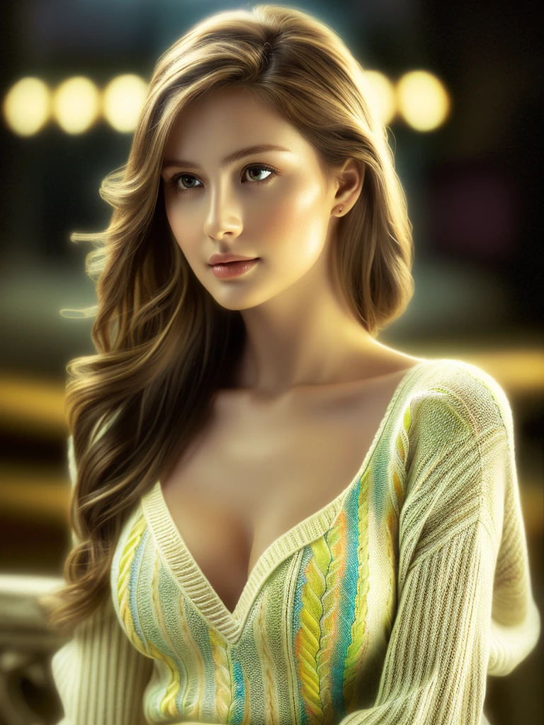 A beautiful Russian woman with light brown hair, clear skin, and a narrow waist, wearing loose and light knitwear, in a masterpiece SLR photo, with attention to detail, perfect proportions, and a soft-looking bust with cleavage, best image quality: 1.4, (rough long hairstyle:1.2), (detailed), (masterpiece:1.3), (highest quality), night scene, cinematic lighting, (intricate details:1.2), (photorealistic:1.4), (vivid colors:1.2), (natural skin texture:1.1), (elegant pose:1.1), (serene expression:1.1), (soft focus background:1.1)