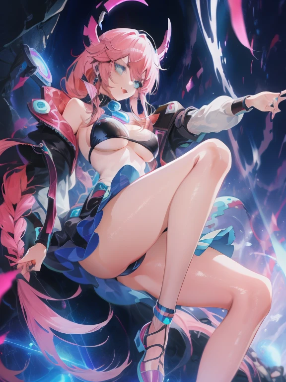 ((masterpiece)), ((best quality)), (Very detailed), ((Kawaii)), charming的, (charming), ((????)), ((Very detailed)), 4k, (8K), best quality, (beautiful), (Anime style:1.2), Flat Color, , rest, Dynamic poses ((National Foundation)), rest, Upper Body, grade, Beautiful girl with Pink Hair，disheveled hair，long Pink Hair, hammerhead shark, White pupil，The legs are very thin，Very long legs, Blue eyelashes, ​masterpiece, rest, 1 girl ((20 years old)), Cyberpunk, Black ??????, The role played by Hanji Mili, Bangs, Dressed to perfection, thigh, have, Fortnite, Uterus tattoo, rest, ?????????????, Smile, open mouth, long hair, hammerhead shark, (Pink Hair, Deep blue eyes:1.2), Bright Eyes, (Perfect eyes:1.2), (Perfect iris:1.2), rest, (Cool), rest, sparkling, Super shiny figure, sparkling, Cute face, Kawaii, ?????????????, fine hair, disheveled hair, rest, Gray background , ((low shooting angle, Ground view)) High and high，Thin, 8K, From surrealism, Official Art, National Foundation，pretty short skirt，sit，Expose a beautiful ???