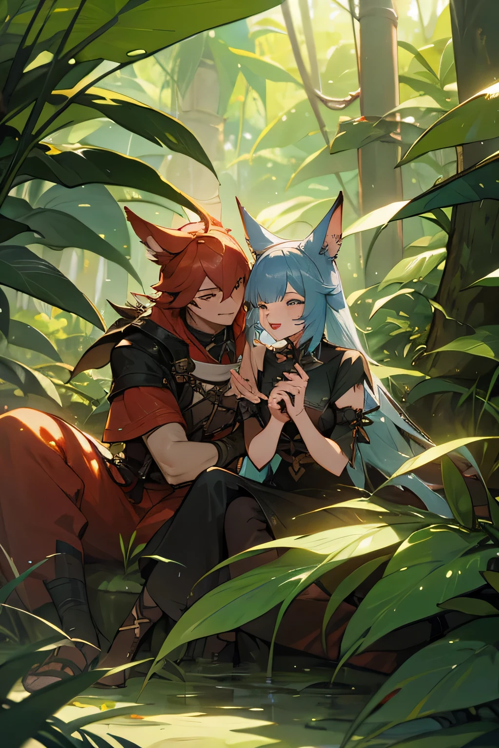 FFXIV Miqote couple in a jungle