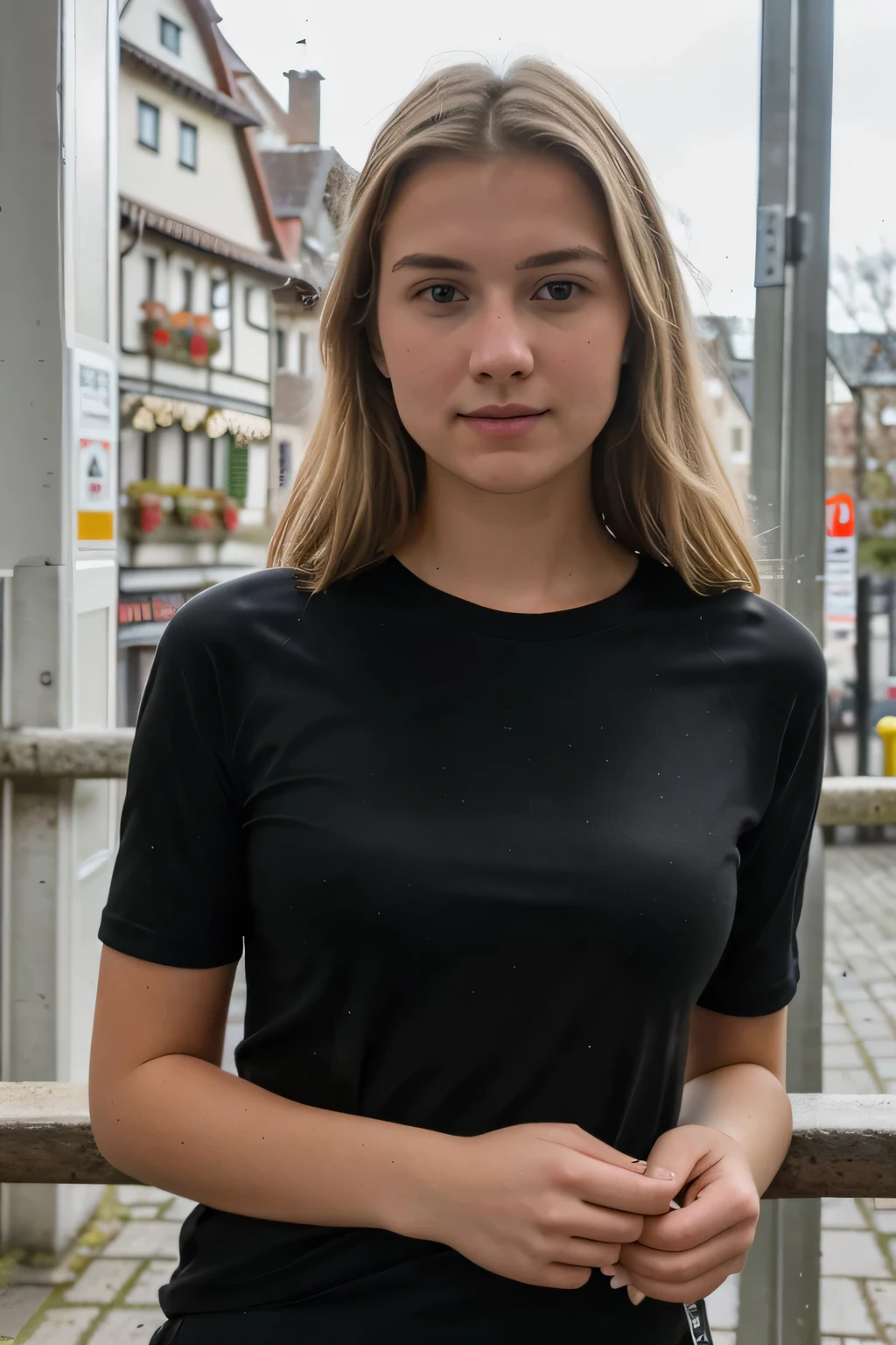 realistisches Foto, a realistisches Foto of 18yo,wearing a tight t-shirt, blondes langes Haar,Ort: in der stadt, (1 girl), (extrem detailliertes CG Unity 8k-Hintergrundbild), Photo of the most beautiful work of art in the world, professional majestic (Fotografie von Steve McCurry), 8k uhd, dslr, sanfte Beleuchtung, good quality, Filmkorn, Fujifilm XT3 scharfer Fokus, f 5.6, hohe Detailgenauigkeit, scharfer Fokus, dramatisch, (Betrachter betrachten:1.2), (detailed students:1.3), (natural light),