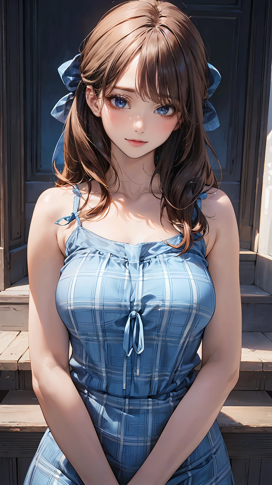 A close up of a woman in a blue dress sitting on a step - SeaArt AI