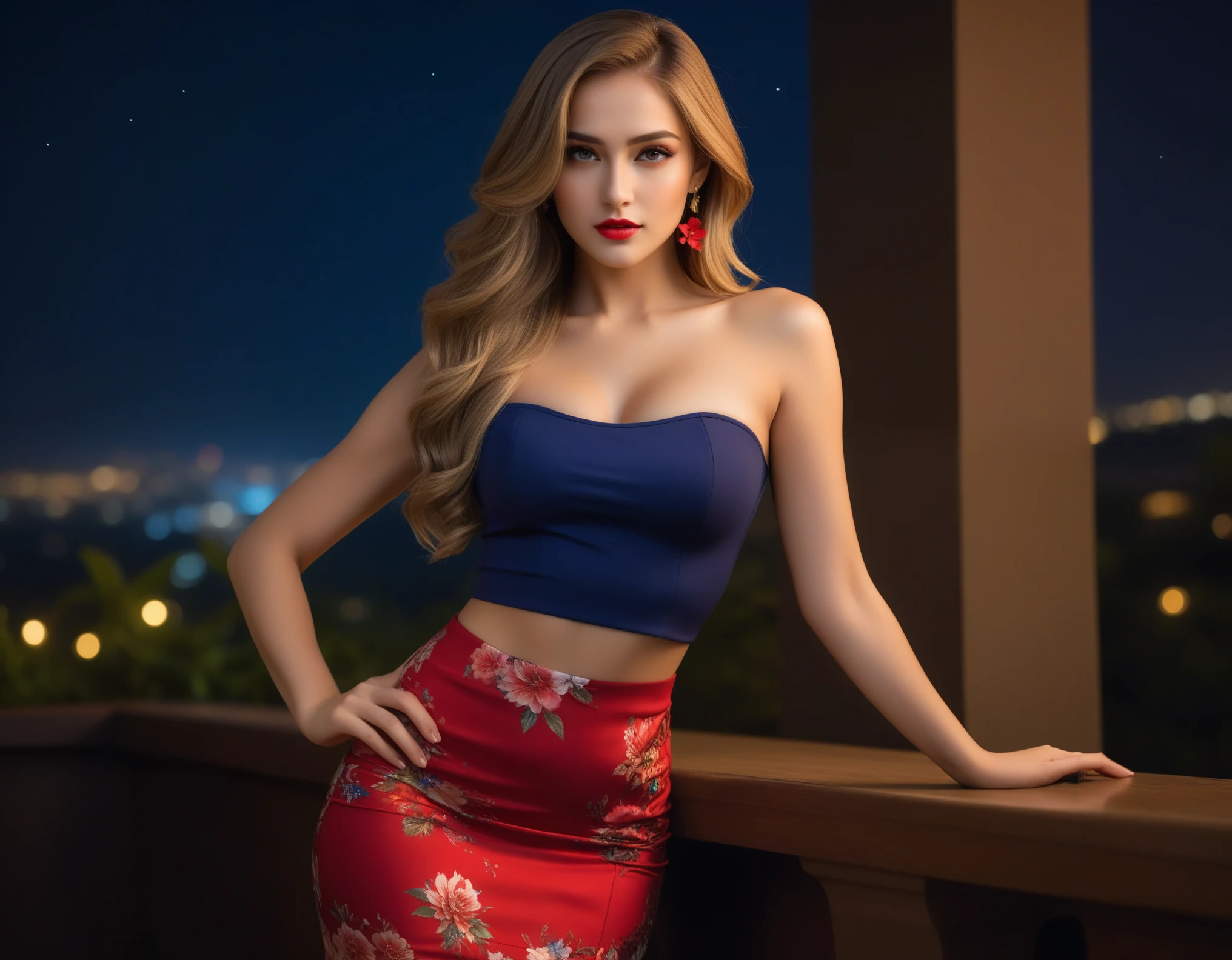 (masterpiece, professional photo:1.2), (8k, high resolution), women, European, 25age, (side undercut long hair (dark blonde)), sexy curve, beautiful face, ultra detail eyes, (close mouth:1.2), small breast, (red flower themed pencil skirt and nigh neck top:1.2), sexy goddess, night time, high quality image, half body photo