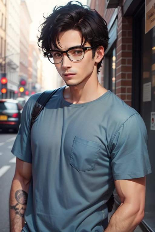Guy with black hair and blue shirt and glasses 