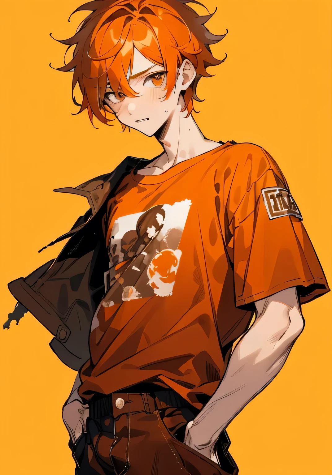 1BOY, cute boy, finely detailed, (best quality), (intricate details), cute style, apocalypse style, dystopian style, multicolored, ((orange hair)), best quality, ((messy t shirt and pants)), ((brown clothes)), ((worn down clothes)), ((round eyes)), cute face, flirty look, perfect face, simple background portrait