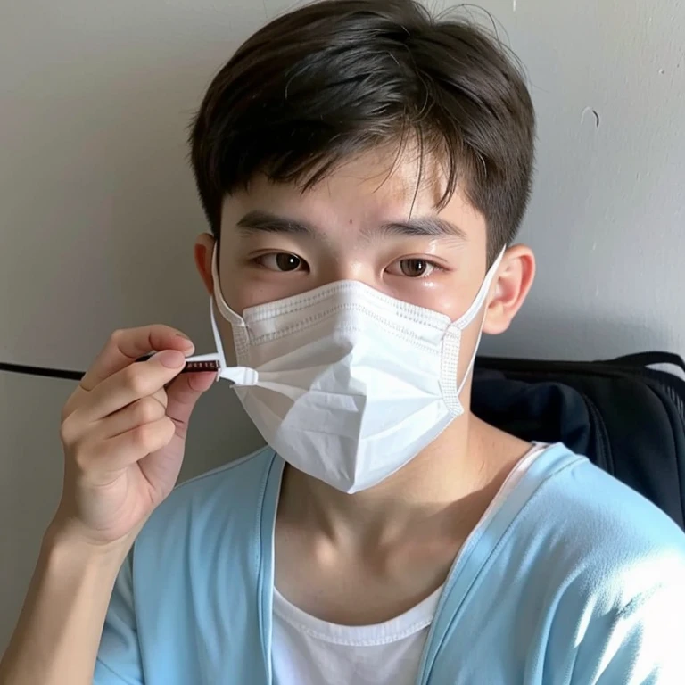 good looking10A boy of about 18 years old is suffering from an infectious disease.、Appearance of suffering. He is wearing a white mask. He has a high fever. he is sleeping. He has a cough. He is exhausted. He is taking his temperature with a thermometer. He is dying. He is cooling his forehead with a cooling gel sheet..