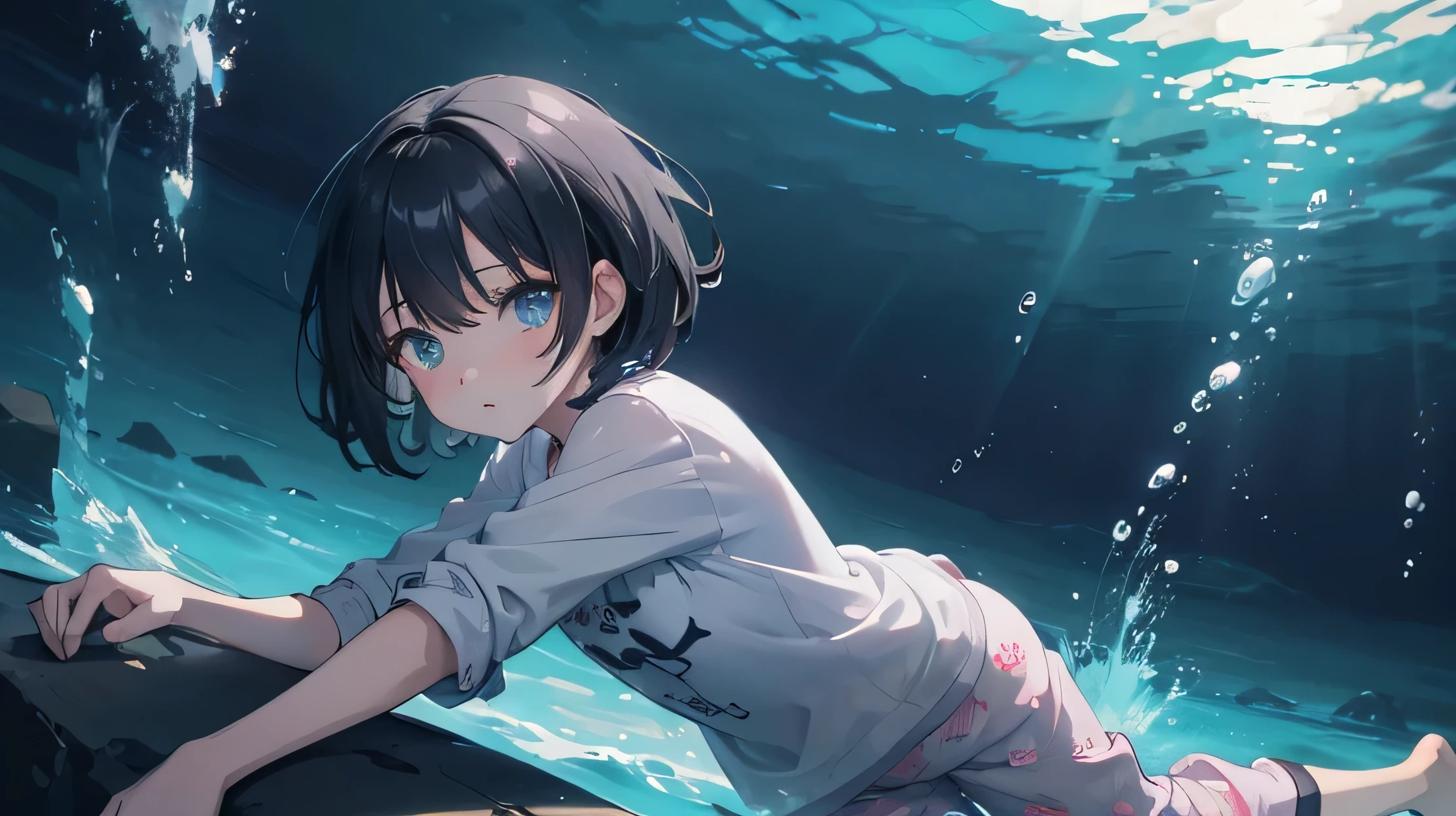 Anime Style, Ocean, dreamlike atmosphere, Dark Grey lighting, Girl is underwater, Girl wearing pajama shirt and pajama pants, Girl is sinking, Girl has short black hair