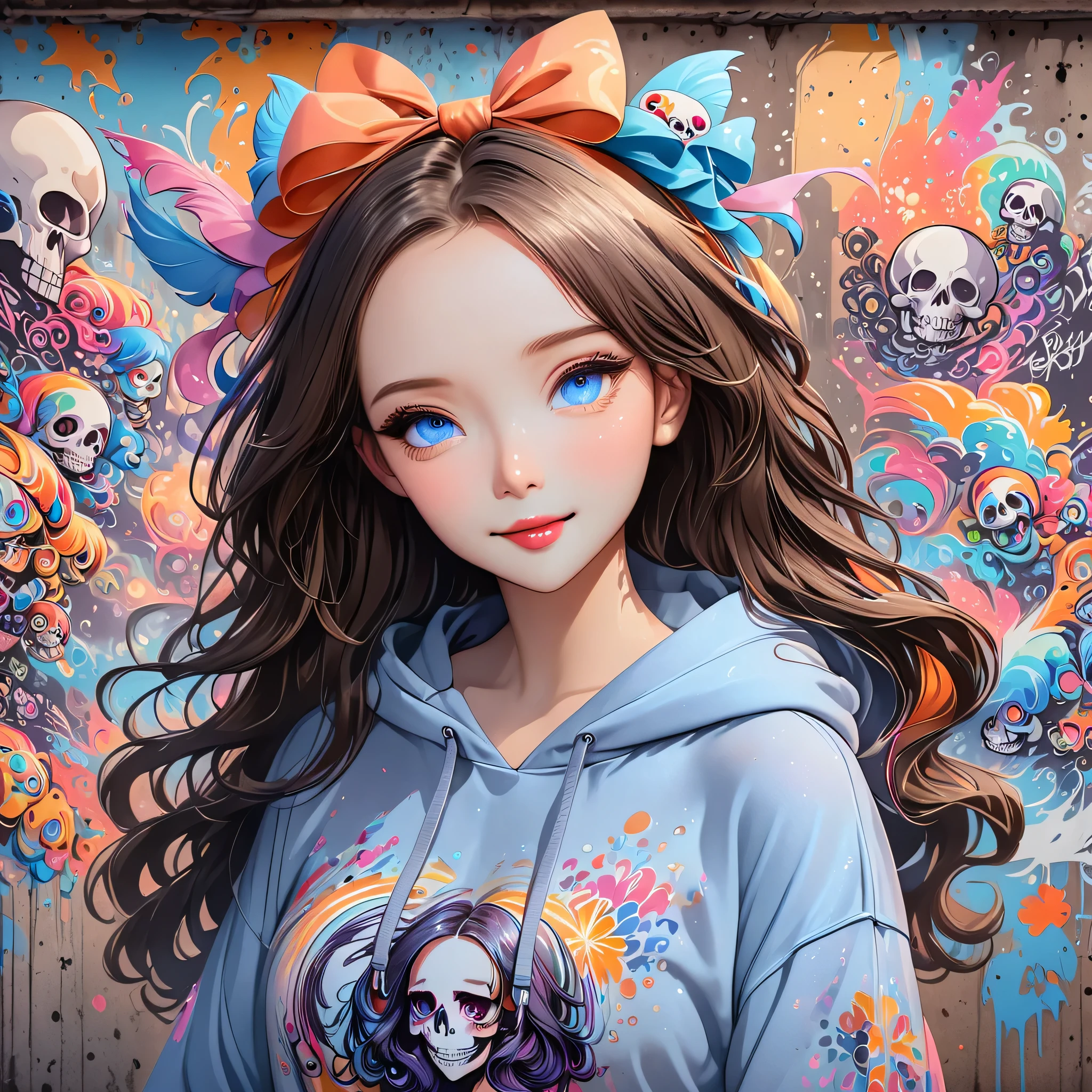 Style: Unparalleled high-precision transparent watercolor, masterpiece, super detailed, cute, Japanese animation character design,
smile
She has light blue eyes and long hair that flutters in the wind.
Beautiful girl wears ribbons in her hair, skull hoodie, short jeans, and boots,
Graffiti on the wall
Scene is colorful and dark
General view