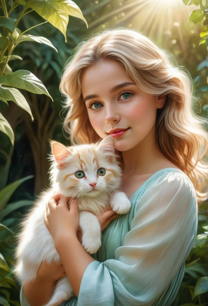 (highest quality,4K,8k,High resolution,masterpiece:1.2),Very detailed,(Realistic,photoRealistic,photo-Realistic:1.37),realistic,portraits,beautiful girl,holding a whithe cat, ,paintings,soft brushstrokes,vibrant colors,garden background,detailed girl's eyes,detailed girl's lips,peaceful expression,flowing dress, figure,gentle smile,natural sunlight,lush greenery,playful kitty,wavy hair,subtle shadows,delicate features,captivating gaze,sunlight filtering through trees,botanical elements,floral patterns,endearing bond,bright and cheerful atmosphere,innocent charm,loving connection between girl and puppy,accurate portrayal of the Kooikerhondje's appearance,tender interaction,dimensional and lifelike representation,capturing the emotional connection between humans and animals,positive and heartwarming vibes,impeccable attention to detail,carefully composed composition,realistic fur texture and color rendering,subtle highlights and shading,impressionistic brushwork,ethereal and dreamlike quality, blond hair, 12 years old