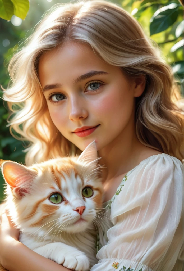 (highest quality,4K,8k,High resolution,masterpiece:1.2),Very detailed,(Realistic,photoRealistic,photo-Realistic:1.37),realistic,portraits,beautiful girl,holding a whithe cat, ,paintings,soft brushstrokes,vibrant colors,garden background,detailed girl's eyes,detailed girl's lips,peaceful expression,flowing dress, figure,gentle smile,natural sunlight,lush greenery,playful kitty,wavy hair,subtle shadows,delicate features,captivating gaze,sunlight filtering through trees,botanical elements,floral patterns,endearing bond,bright and cheerful atmosphere,innocent charm,loving connection between girl and puppy,accurate portrayal of the Kooikerhondje's appearance,tender interaction,dimensional and lifelike representation,capturing the emotional connection between humans and animals,positive and heartwarming vibes,impeccable attention to detail,carefully composed composition,realistic fur texture and color rendering,subtle highlights and shading,impressionistic brushwork,ethereal and dreamlike quality, blond hair, 12 years old