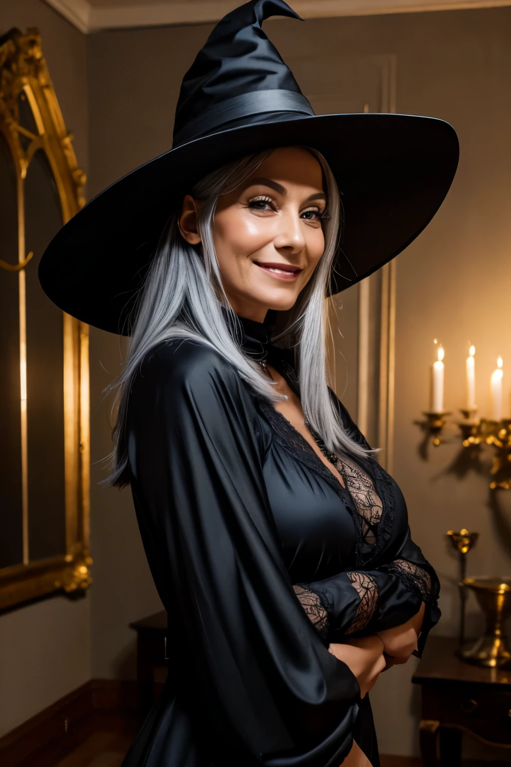 French old woman、Grey Hair、Toothy Smile、Skinny、Witch Hat、sexy witch costume、In the creepy mansion