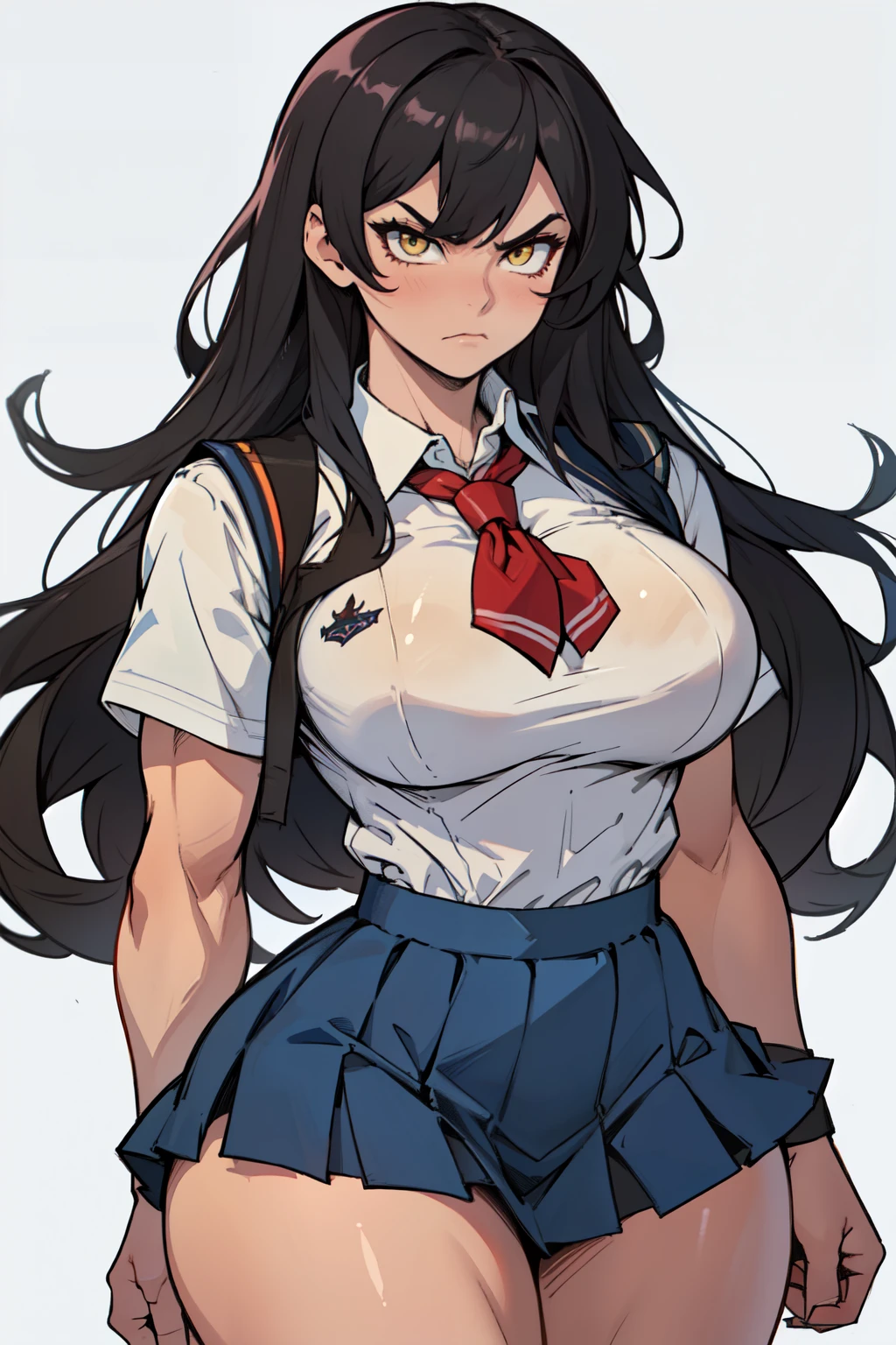 grey background 1girl black hair yellow eyes very long hair pale skin angry (bodybuilder huge breasts muscular toned body curvy wide hips thick thighs) ((school uniform))