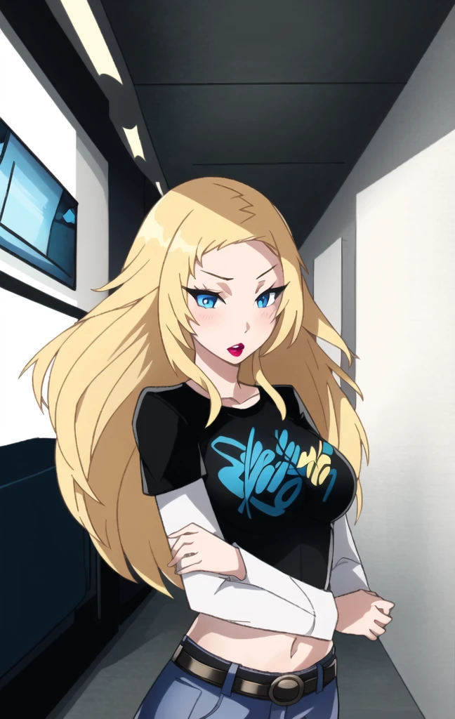  Terra_DcCartoon,  long blonde hair, 1girl, solo, black t-shirt, white shirt, blue jeans, belt, lipstick, large breasts, layered sleeves