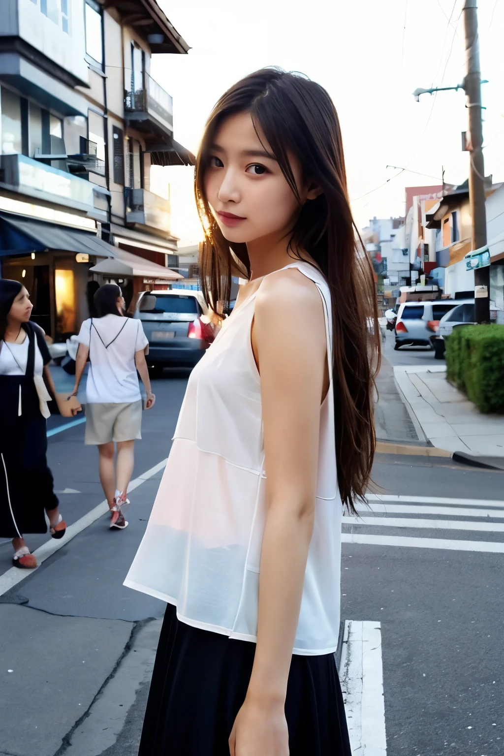 clear、Stand still、girl、Beautiful、street、Seaside、Slope、白くBeautifulな女性、evening、凄くBeautifulな夕日、