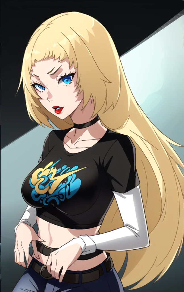  Terra_DcCartoon,  long blonde hair, 1girl, solo, black t-shirt, white shirt, blue jeans, belt, lipstick, large breasts, layered sleeves