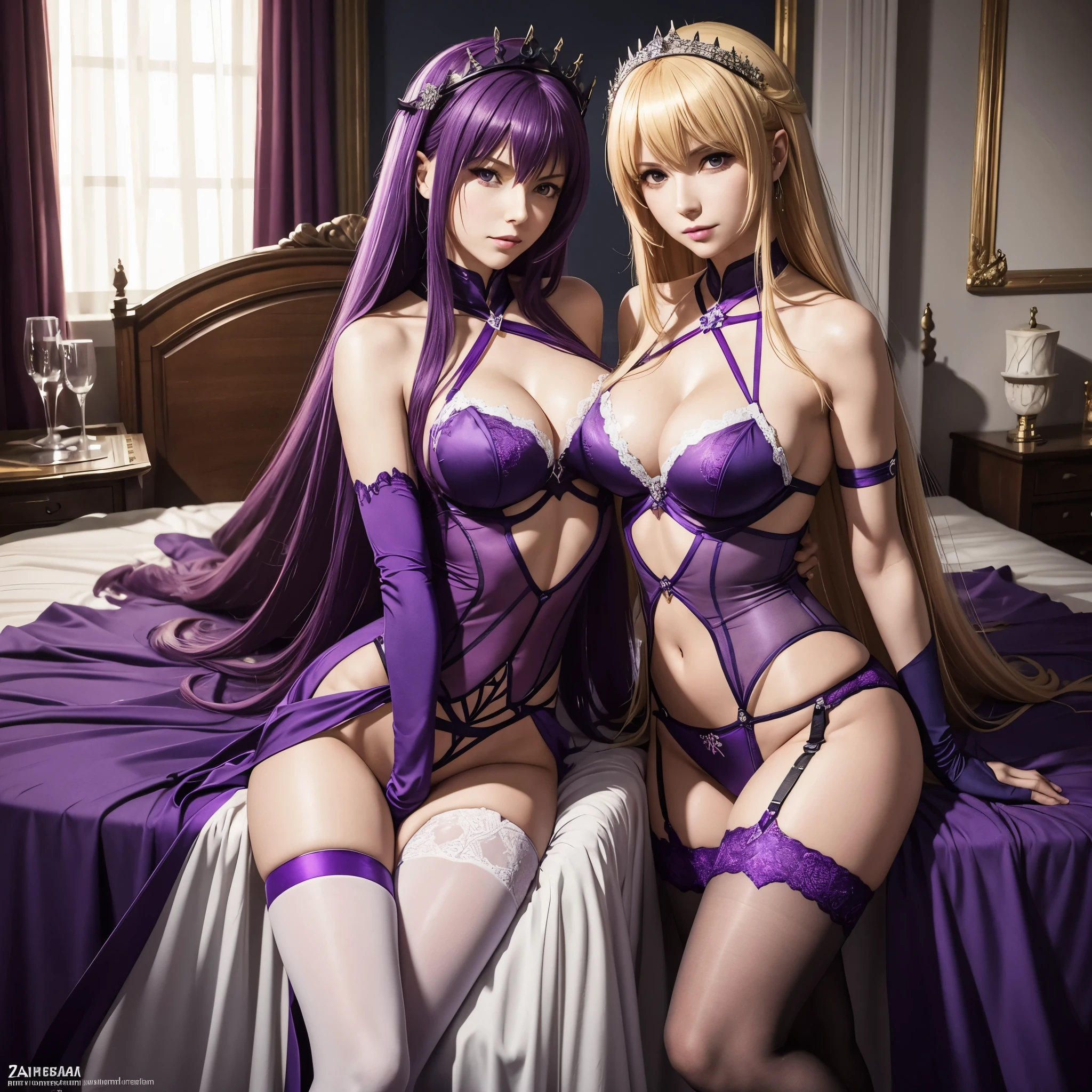 sexy 2 girls: [Scathach and Arturia Pendragon from FGO, Fate Grand Order, both girls wearing wedding dresses (Scathach wears purple, Arturia wears blue or red), (Scathach has purple hair, Arturia has blonde hair) , stockings and tights, garter belt, short skirt, high heels, long gloves, long hair, vivid lipstick], photo from head to toes, full body shot, seductive pose, inside the palace bedroom