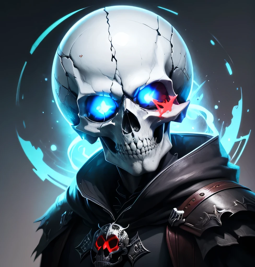 Only face, ghost skull with some blu soul like design, circle, silver shining plate on skull, and in skull eye glow the red light