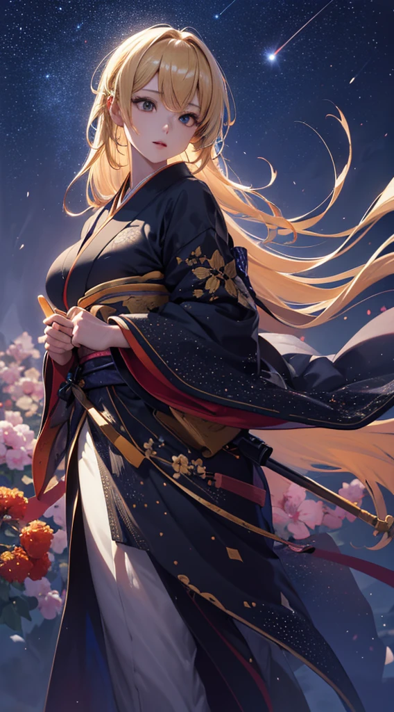 masterpiece, high quality, 4K, Beautiful design, silhouette,blonde, 非常に詳細な夜のStarry Sky,Flower Field, wonderful, Finer details, Very knowledgeable woman, Highly detailed solo, 1 female,Big Breasts,Red colored kimono,Night view,Starry Sky,full moon,