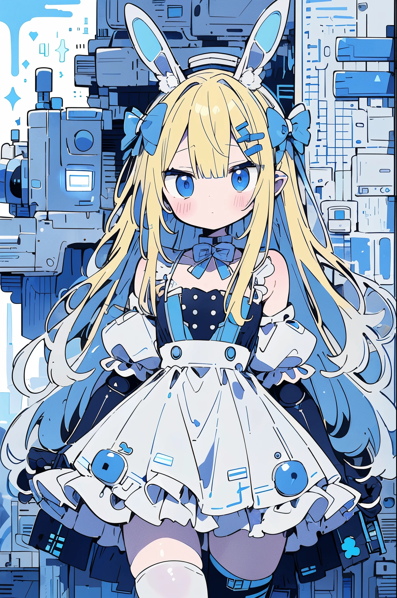 A detailed anime-style illustration of two characters in a post-apocalyptic setting. The taller character is a robotic figure with rabbit-like ears, a blue and white color scheme, and large, glowing blue eyes. The robot is wearing a detailed, patterned dress with mechanical elements. Beside it is a young girl with blonde hair, also with rabbit ears, wearing a similar patterned dress. The background features a ruined building with blue and white tiles, adding to the dystopian atmosphere. The overall color scheme includes shades of blue, white, and gray.,txznf