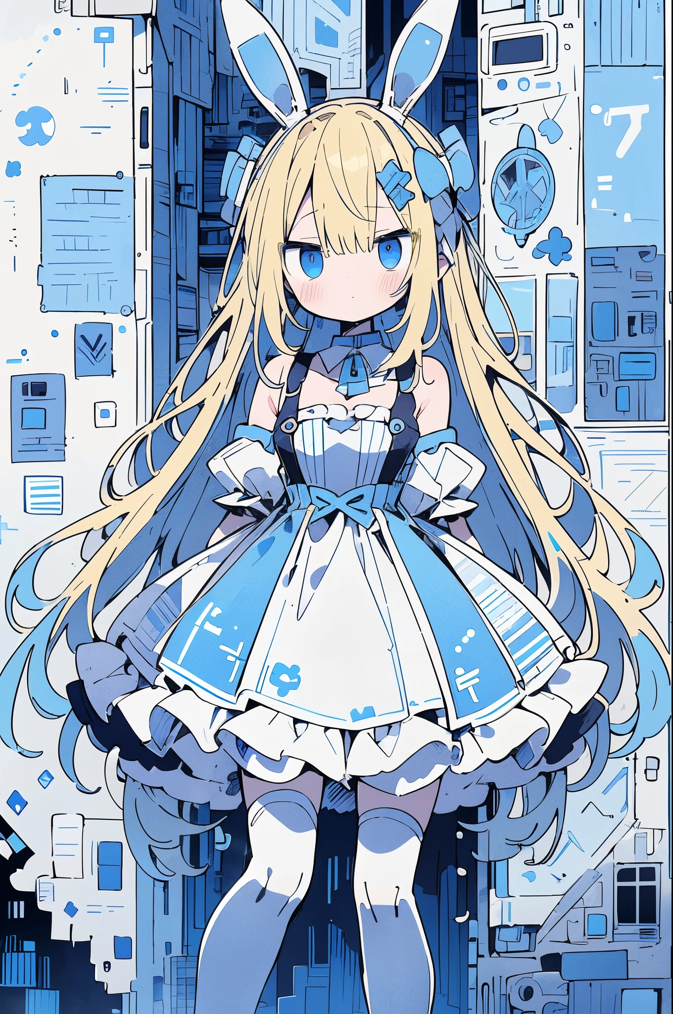 A detailed anime-style illustration of two characters in a post-apocalyptic setting. The taller character is a robotic figure with rabbit-like ears, a blue and white color scheme, and large, glowing blue eyes. The robot is wearing a detailed, patterned dress with mechanical elements. Beside it is a young girl with blonde hair, also with rabbit ears, wearing a similar patterned dress. The background features a ruined building with blue and white tiles, adding to the dystopian atmosphere. The overall color scheme includes shades of blue, white, and gray.,txznf