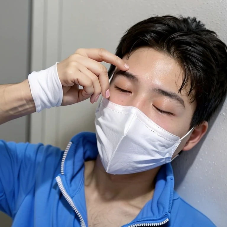 good looking１０A boy of about 18 years old is suffering from an infectious disease.、Appearance of suffering. He is wearing a white mask. He has a high fever. he is sleeping. He has a cough. He is exhausted. He is taking his temperature with a thermometer. He is dying. He is cooling his forehead with a cooling gel sheet..