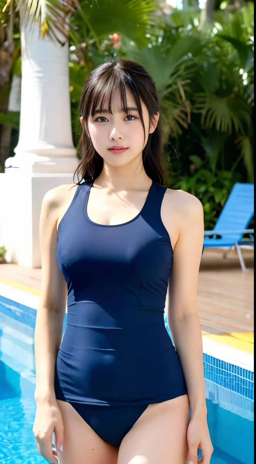 Very detailed CG Unity 8k 壁紙、highest quality、Very detailed、masterpiece、Realistic、とてもRealistic、Cute girl with attention to detail、(20-year-old)、blush、Round eyes、((Large breasts))、audience、Semi Body Shot、((Tight swimsuit))、School Swimsuit、By the pool、