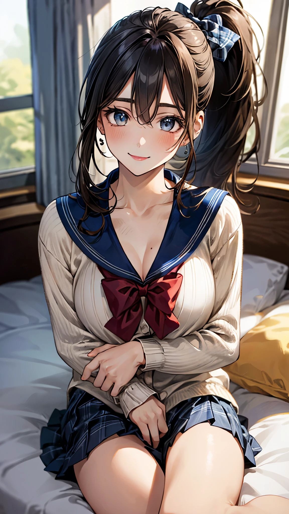 (masterpiece:1.3, top-quality, ultra high res, ultra detailed), (realistic, photorealistic:1.4), beautiful illustration, perfect lighting, natural lighting, colorful, depth of fields, , 
beautiful detailed hair, beautiful detailed face, beautiful detailed eyes, beautiful clavicle, beautiful body, beautiful chest, beautiful thigh, beautiful legs, beautiful fingers, shiny skin, babyface, 
looking at viewer, (face focus), 1 girl, japanese, high school girl, (perfect anatomy, anatomically correct, super detailed skin), cute and symmetrical face, perfect face, perfect eyes, 
(long hair, ponytail, sandy beige hair), hair between eyes, blue eyes, long eyelashes, (large breasts, seductive thighs), , outstanding style, 
(detailed cloth texture, cardigan, light blue sailor collar, light blue pleated skirt, red bow tie), 
(beautiful scenery), evening, (room, bed, blue plaid curtains, window), sitting, (lovely smile, upper eyes),