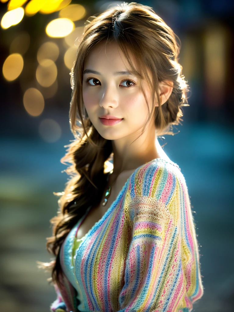 1girl, beautiful russian woman, light brown hair, clear skin, narrow waist, wearing loose light knitwear, masterpiece SLR photo, attention to detail, perfect proportions, soft-looking bust with cleavage, (best quality, 4k, 8k, highres, masterpiece:1.2), ultra-detailed, (realistic, photorealistic, photo-realistic:1.37), portraits, night scene, cinematic lighting, (intricate details:1.2), (vivid colors:1.2), (natural skin texture:1.1), (elegant pose:1.1), (serene expression:1.1), (soft focus background:1.1), (rough long hairstyle:1.2)