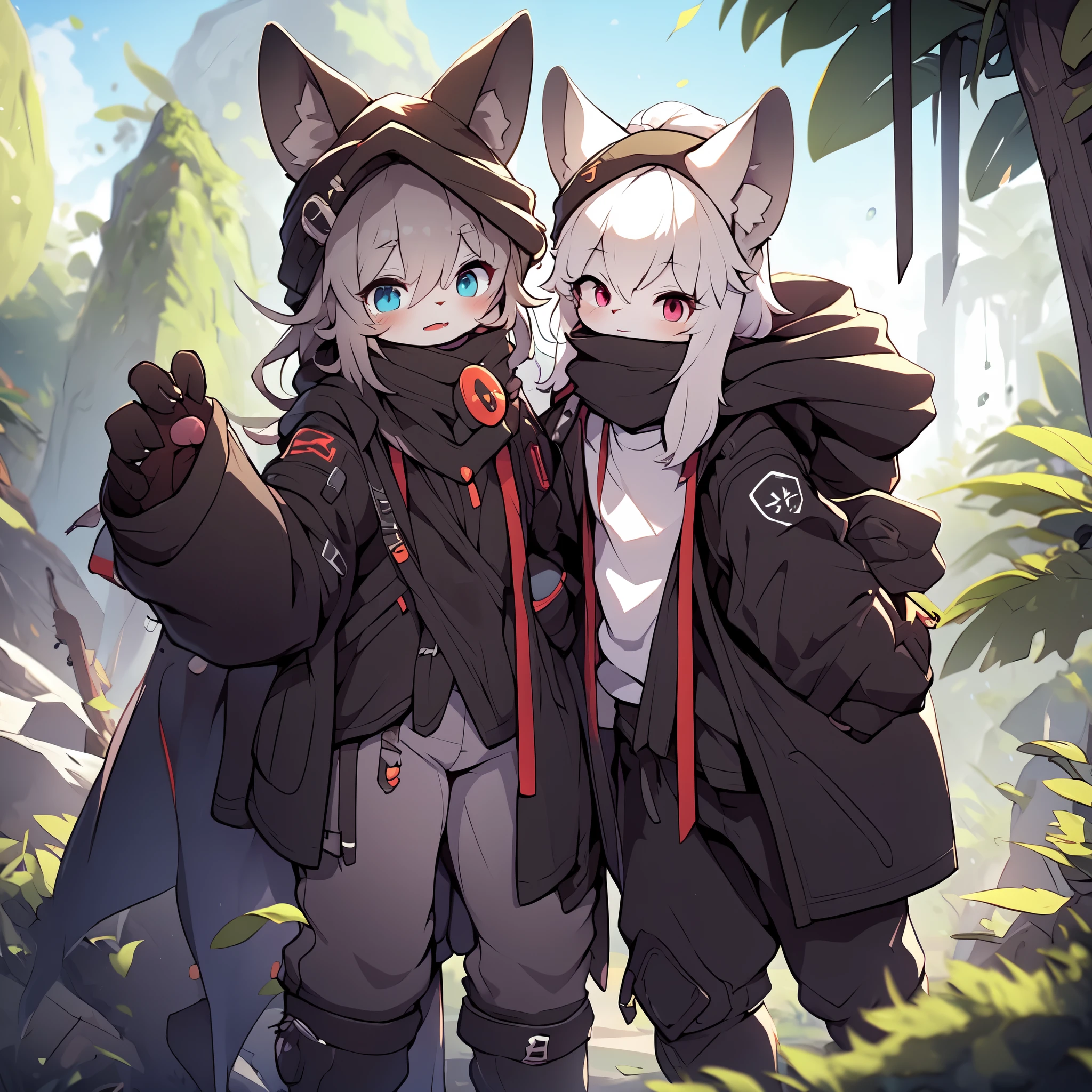 Kawaii, Striped Fluffy Fox, emaciated, long hair, 3girls, artificial synthetic skin, life support prosthetics, digital headphones, black tight latex bodysuit, white long dress, thigh-high-socks, shorts, loose off-the-shoulder hood open jacket, holsters in thigh, Mechanical boots, tactical knee pads, tactical belted loose Arm Sleeves, cybernetic Display gloves, chest rigs, tactical belts, blue archive halo, bulletproof goggles on forehead, from Ark nights, ray tracing, depth of field, bloom, masterpiece, ccurate, high details, highres