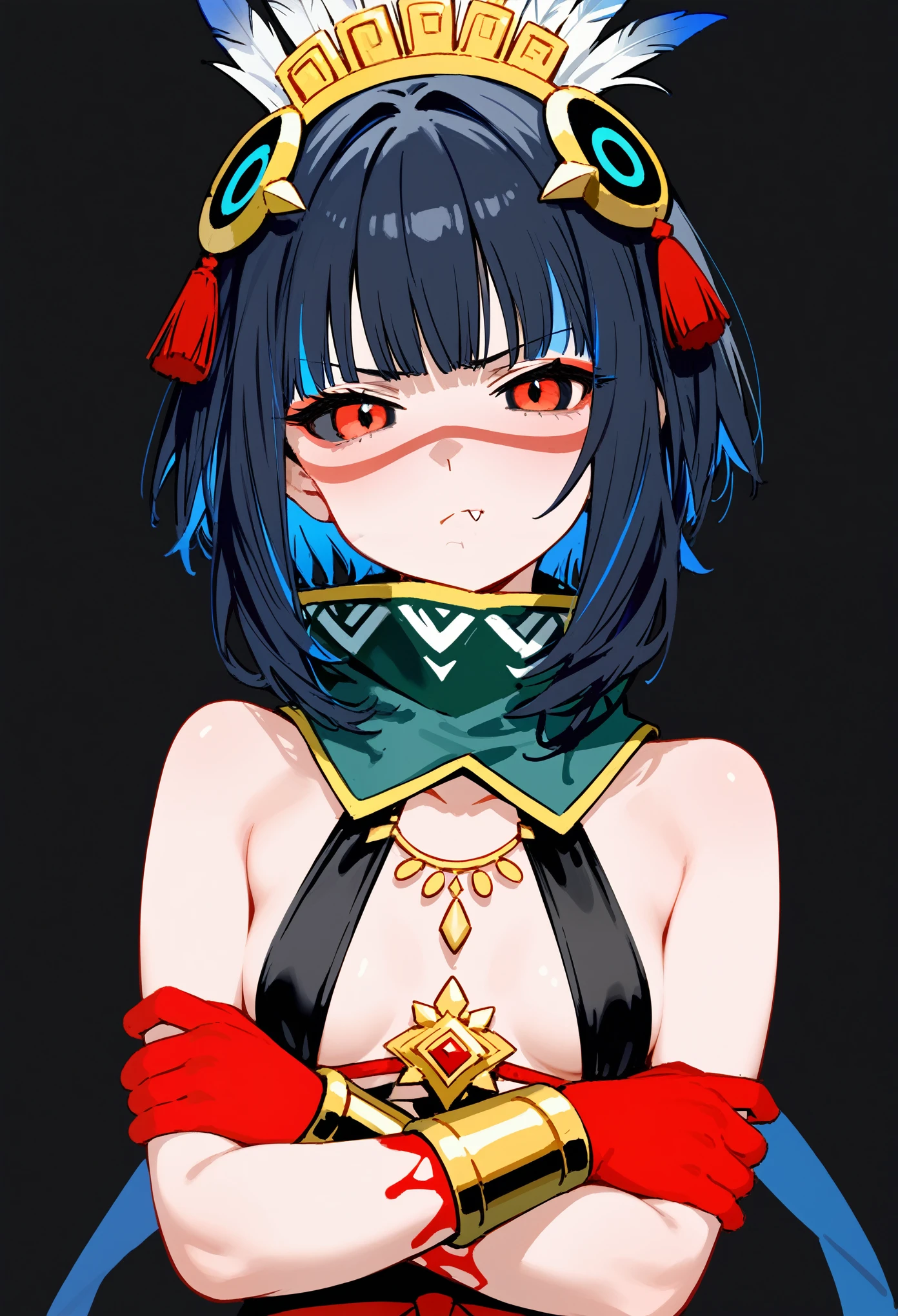 Masterpiece, upper body, 1girl, solo, short hair, black hair, sidelocks, colored inner hair, blue hair, black sclera, red eyes, eyeliner, blood on hands, feathers, headdress, facepaint, jewelry, bracer, tassel, high collar, detached collar, sash, halterneck, bare shoulders, skirt, pelvic curtain, small breasts, crossed arms, annoyed, looking at viewer, fang, black background, simple background, masterpiece, score_9, score_8_up, score_7_up