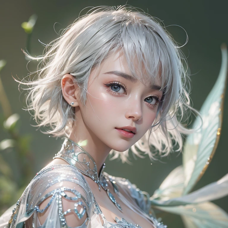 (masterpiece:1.3), (8k, Realistic, RAW Photos, Best image quality: 1.4), Fair-skinned fairy woman、short hair、Cleavage:2.0、Highly detailed face、Attention to detail、double eyelid、Sharp focus:1.2、Beautiful woman:1.4、Silvery white hair、highest quality、masterpiece、Ultra-high resolution、(Realistic:1.4)、Highly detailed and professionally lit smiles、Loose, Light,Japanese high 、 one person、whole body, I eat breakfast:1.5