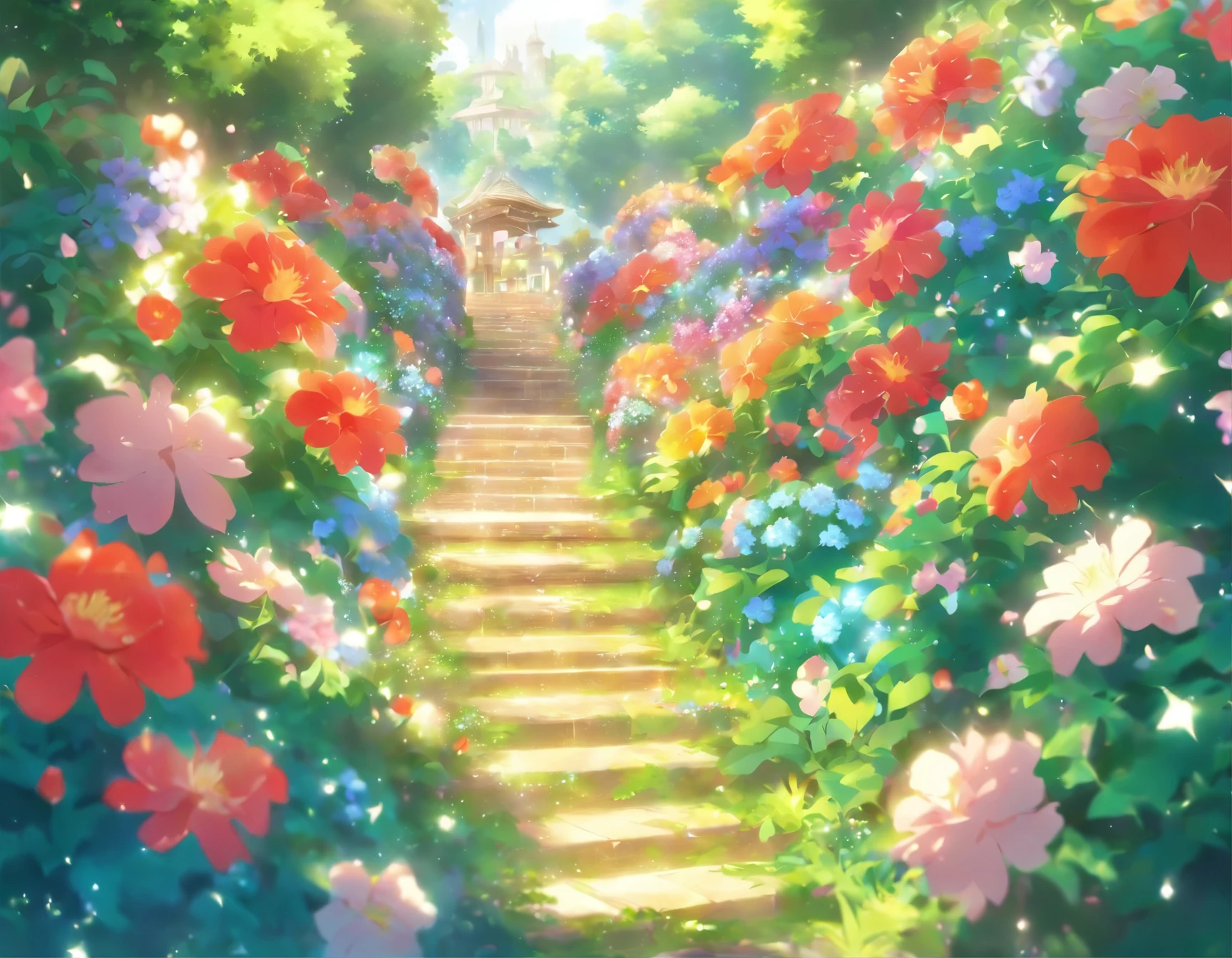 flower garden, luxurious, bright, sparkling