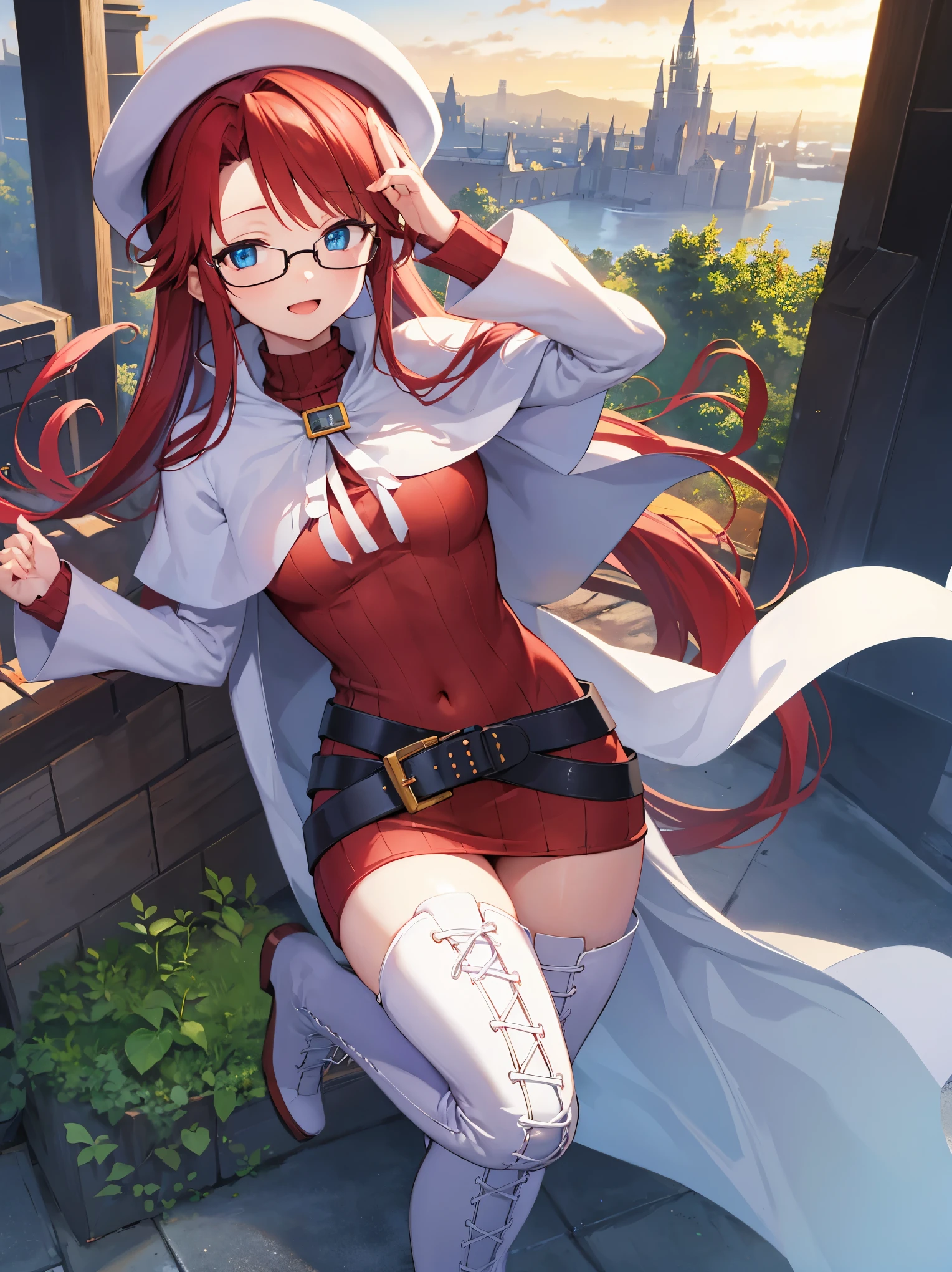 summonnightaty, aty, (young:1.3),long hair, blue eyes, red hair, large_beret, hat, glasses,
BREAK long hair, thighhighs, hat, dress, boots, glasses, belt, cape, sweater, zettai ryouiki, beret, thigh boots, white footwear, ribbed sweater, loose belt,solo,
BREAK outdoors, fantasy,on_the_ship,on_the_ship's_railing
,
BREAK (masterpiece:1.2), best quality, high resolution, unity 8k wallpaper, (illustration:0.8), (beautiful detailed eyes:1.6), extremely detailed face, perfect lighting, extremely detailed CG, (perfect hands, perfect anatomy),covered_nipples,covered_navel,light_smile ,(half_eyes:1.4),sword,armpit,sleepy,dynamic_dancing,barrel,red_sweater,apart_legs,magical_effect,spread_legs, have_a_book,open_mouth,teacher,rise_knee,