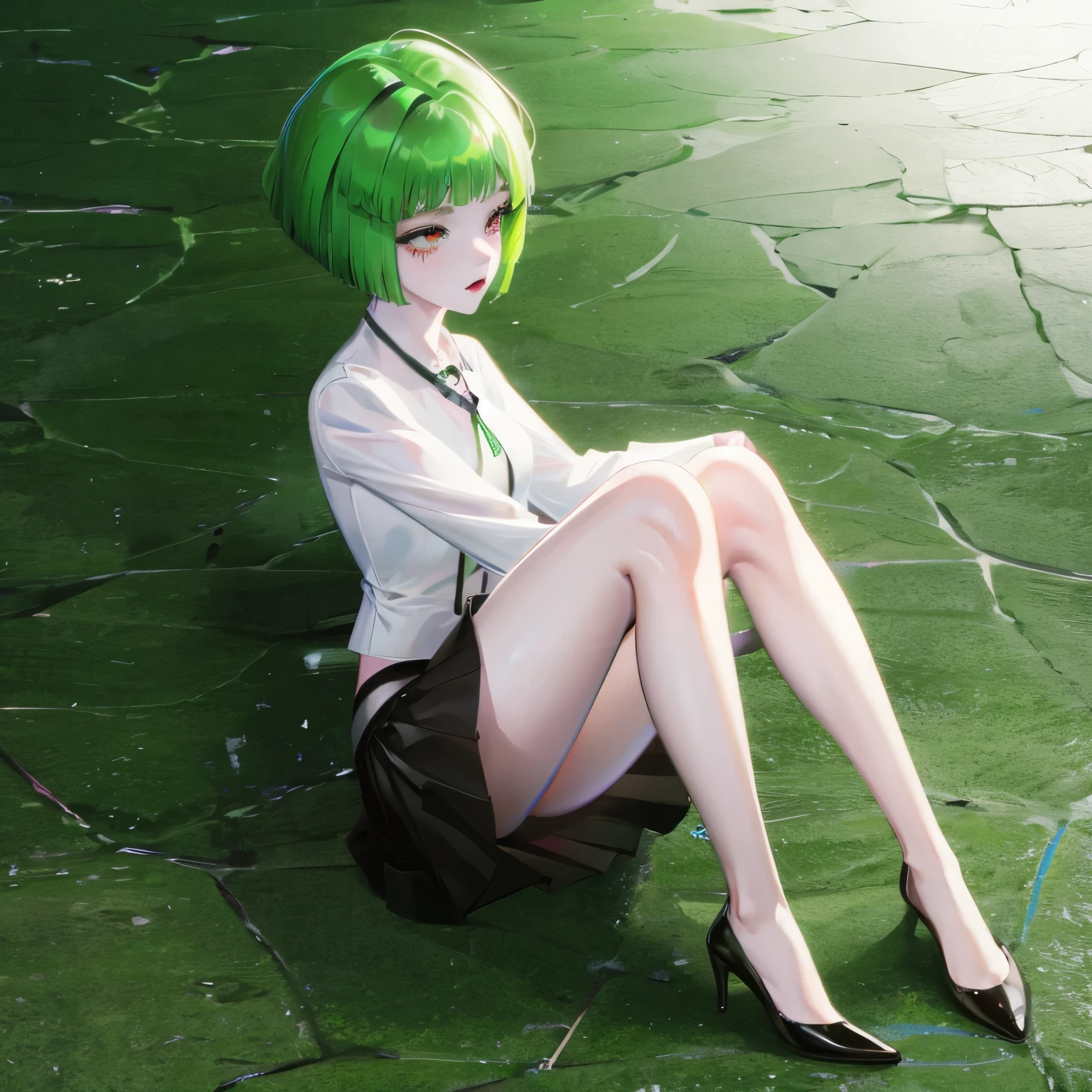 1 Girl, Green Hair, Red Eyes, skirt, short hair, (Solitary:1.3),