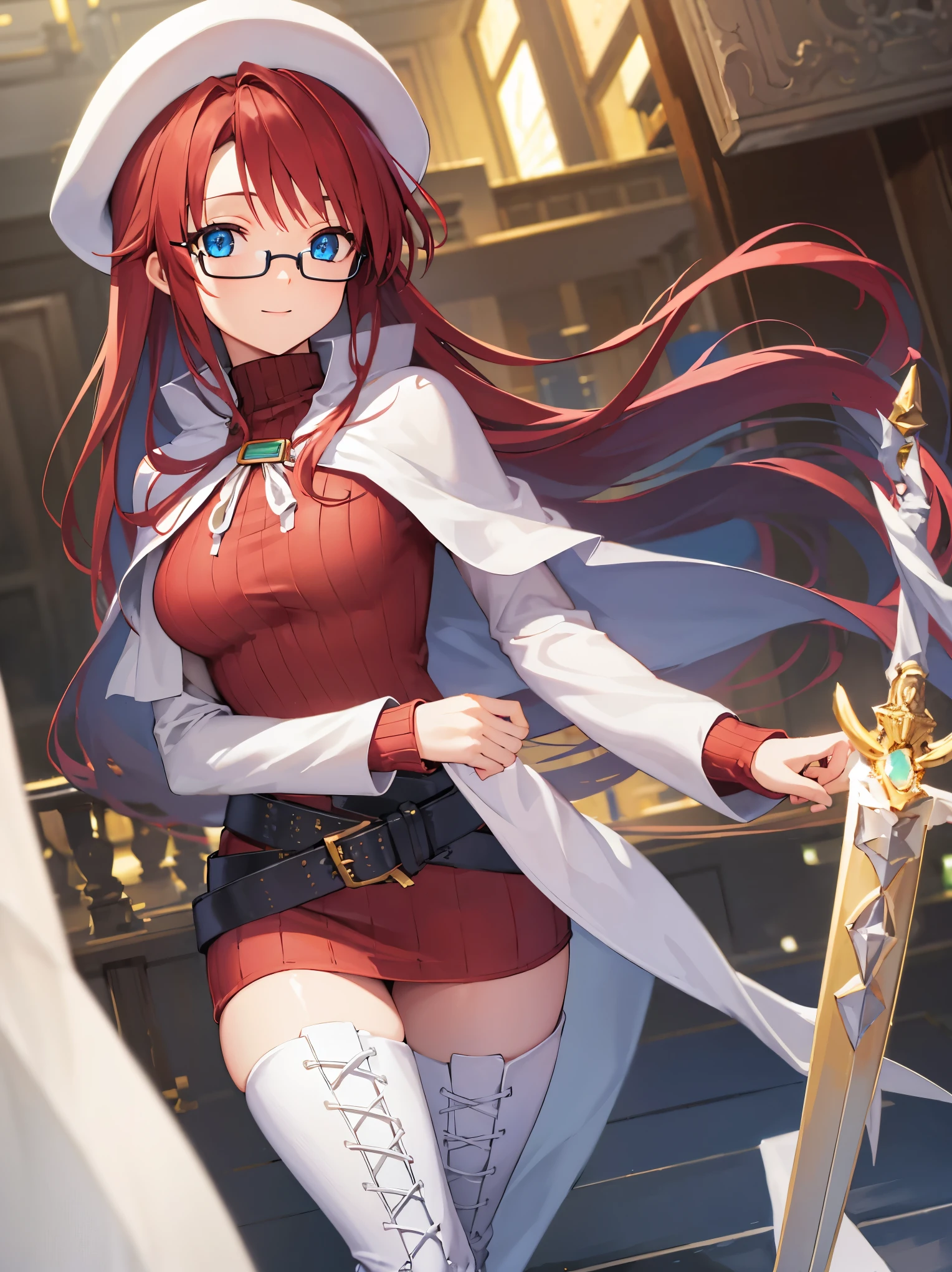 summonnightaty, aty, (young:1.3),long hair, blue eyes, red hair, large_beret, hat, glasses,
BREAK long hair, thighhighs, hat, dress, boots, glasses, belt, cape, sweater, zettai ryouiki, beret, thigh boots, white footwear, ribbed sweater, loose belt,solo,
BREAK outdoors, fantasy,on_the_ship,on_the_ship's_railing
,
BREAK (masterpiece:1.2), best quality, high resolution, unity 8k wallpaper, (illustration:0.8), (beautiful detailed eyes:1.6), extremely detailed face, perfect lighting, extremely detailed CG, (perfect hands, perfect anatomy),covered_nipples,covered_navel,light_smile ,(half_eyes:1.4),sword,armpit,sleepy,dynamic_dancing,barrel,red_sweater,apart_legs,magical_effect,spread_legs, have_a_book,open_mouth,teacher,rise_knee,