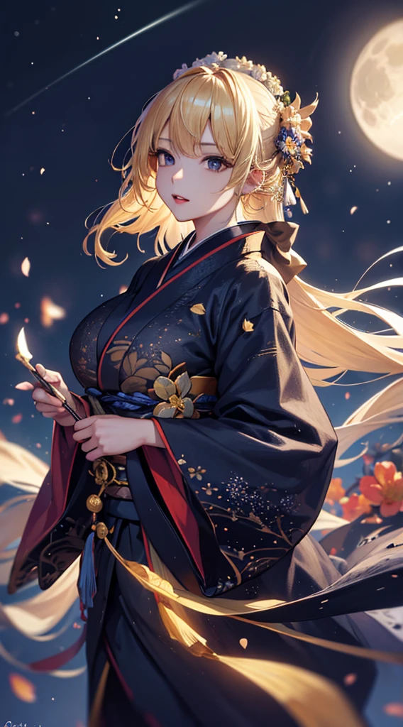 masterpiece, high quality, 4K, Beautiful design, silhouette,blonde, 非常に詳細な夜のStarry Sky,Flower Field, wonderful, Finer details, Very knowledgeable woman, Highly detailed solo, 1 female,Big Breasts,kimono,Night view,Starry Sky,full moon,