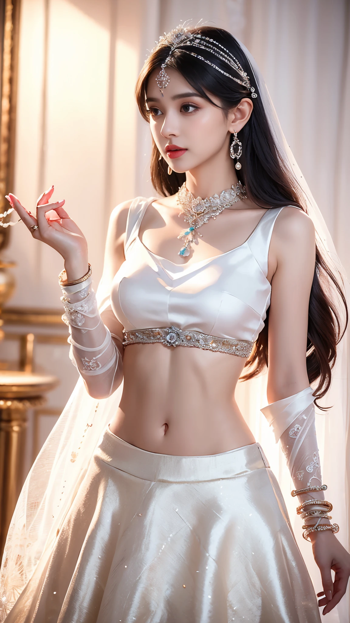 4K, UHD, masterpeice, 1 girl, good face, detailed eyes, detailed lips, very long hair, straight hair, very long hair, beautiful hair, hair ornaments, hairband, gradient hair, ((white lehenga)), ((bridal lehenga)), ((decorated blouse)), sardine, ((ornament lehenga)), ((white lace)), ((diamond bracelet)), ((pendant)), Pearl, ornaments, necklace, earring, high lighting, ((bare stomach)), ((in the wedding stage)), white color, depth of field, ray tracing, ultra realistic detailed,