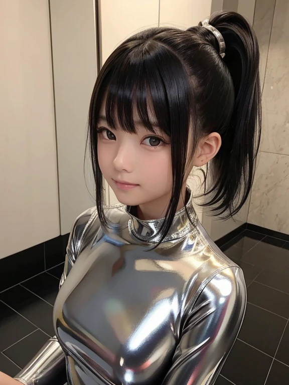 11-year-old idol、Short Ponytail、Black Hair、Shot in a luxury hotel、Ultra-shiny metallic silver dress made from latex material、(超タイトなLatex metallic silver dress:1.5)、Very short skirt、Photographing Japanese people、Latex metallic silver dress、超反射するLatex metallic silver dress、Smiling with teeth showing、Looking into the camera、Professional photography