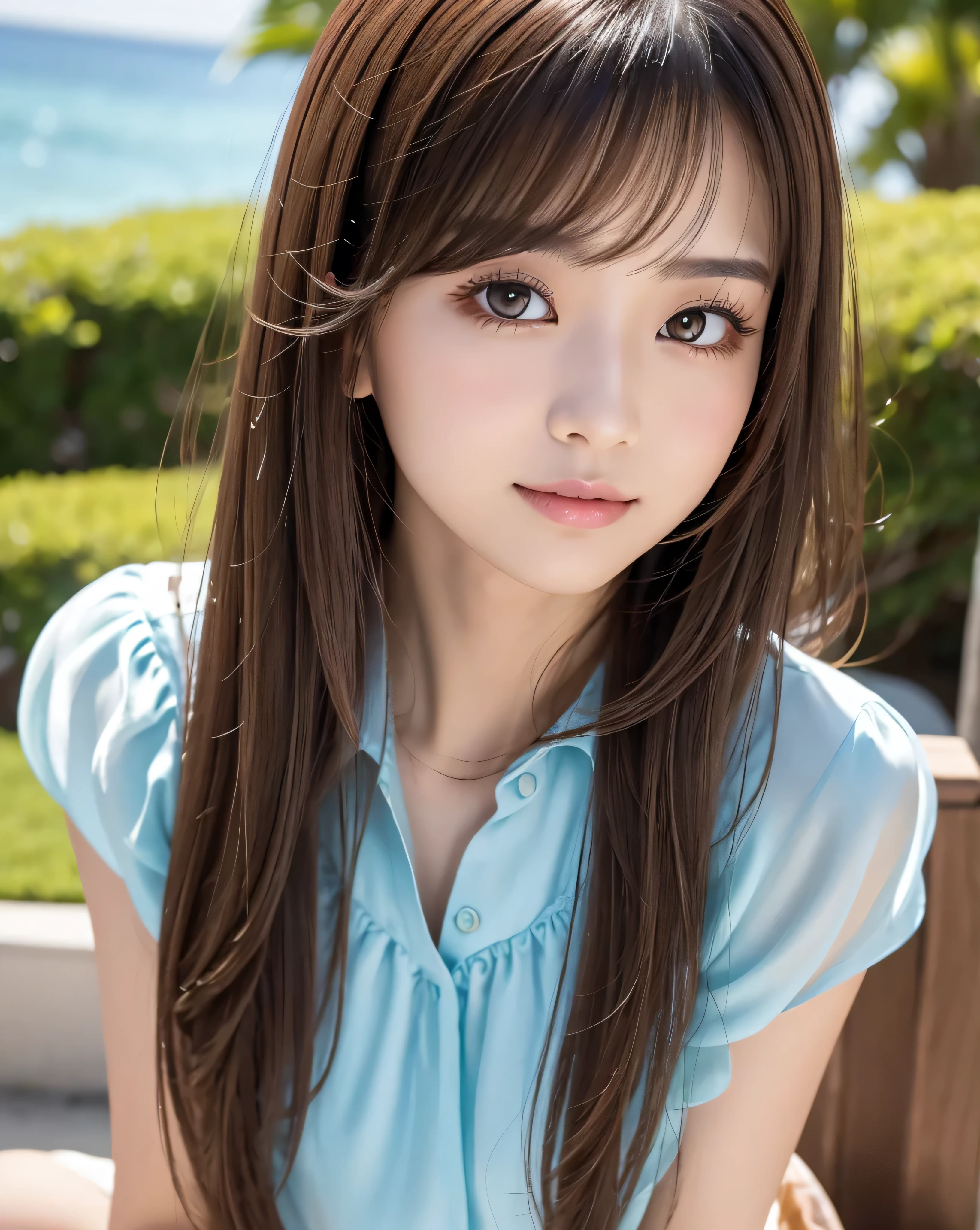 (highest quality, 32k, High resolution, masterpiece:1.5, ), Transparent air, The brilliance of youth, An award-winning masterpiece with incredible detail, Beautiful Japanese Girls, An exceptionally beautiful face, Small Face Beauty, Shiny brown hair, ((Beautifully arranged super long straight silk hair)), Asymmetrical bangs, Hair between the eyes, Beautifully trimmed, thin eyebrows, Magical big eyes, Moist black eyes, Clear double eyelids, Transparent, soft white skin, Sharp eyebrows, Thin lashes, Natural Makeup, Cheek highlighter, Pale pink detailed lips, Rich expression of emotions, Motherhood and generosity, (fleeting smile:0.7), Lightweight silk blouse, blue plaid pleated skirt, sit, ((Absolute area:1.3)), High resolutionの美しい太もも, (whole body:1.3), Parks by the sea, Beautiful, clear blue sea stretches to the horizon, The dazzling summer sunshine, detailed blue sky, Professional Lighting, Professional Photographer, Professional models