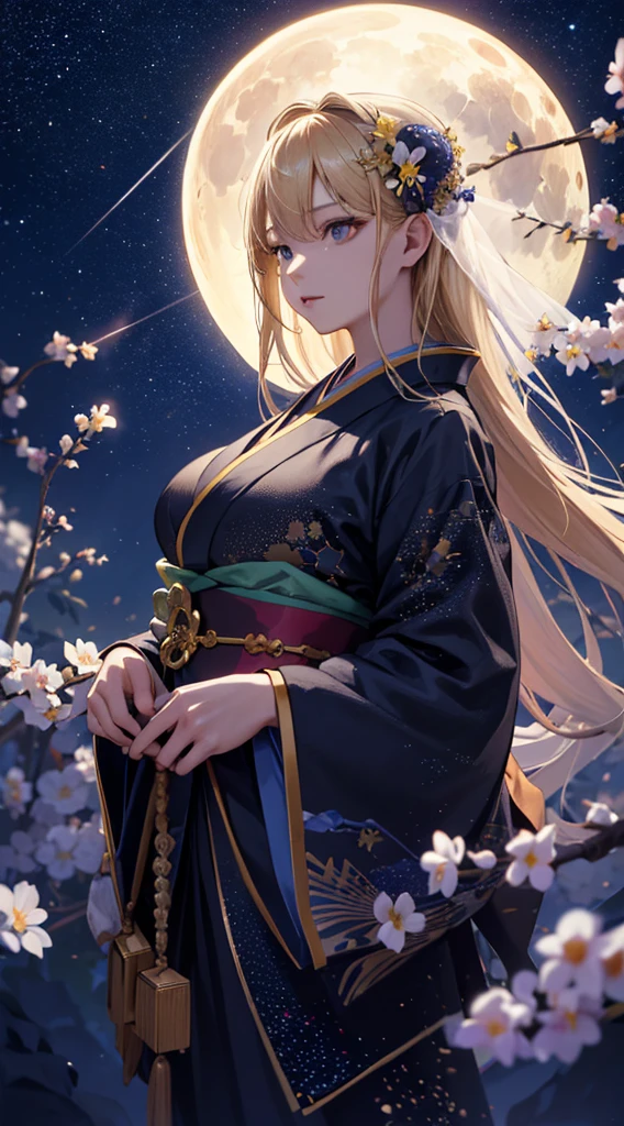masterpiece, high quality, 4K, Beautiful design, silhouette,blonde, 非常に詳細な夜のStarry Sky,Flower Field, wonderful, Finer details, Very knowledgeable woman, Highly detailed solo, 1 female,Big Breasts,kimono,Night view,Starry Sky,full moon,