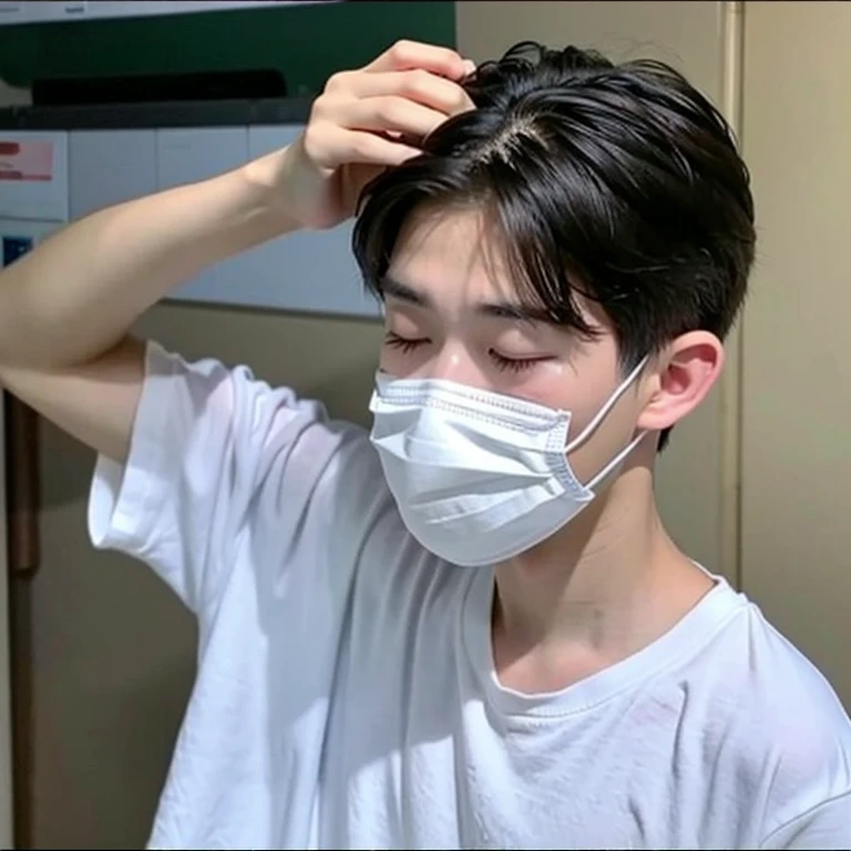 good looking10A boy of about 18 years old is suffering from an infectious disease.、Appearance of suffering. He is wearing a white mask. He has a high fever. he is sleeping. He has a cough. He is exhausted. He is taking his temperature with a thermometer. He is dying. He is cooling his forehead with a cooling gel sheet..