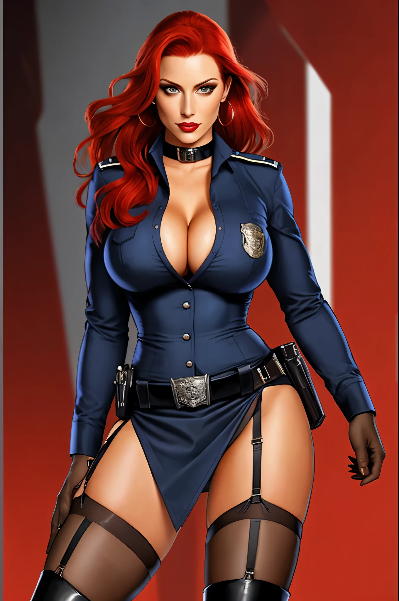 Busty cop, sexy uniform. realistic, red hair, short skirt, garter belt
