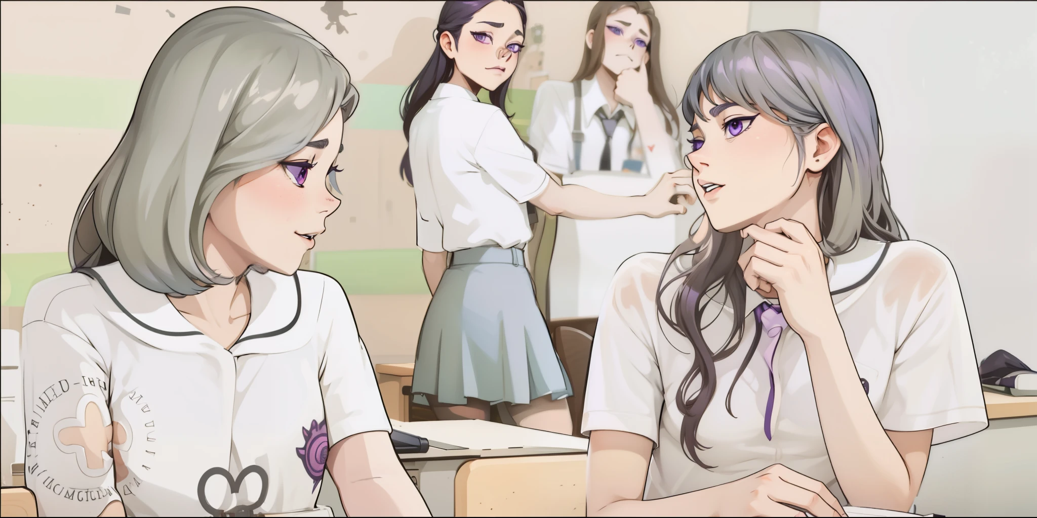 There are two 16-year-old women with purple hair, purple eyes, they are in the classroom, they speak in a hateful manner, they are mean.
