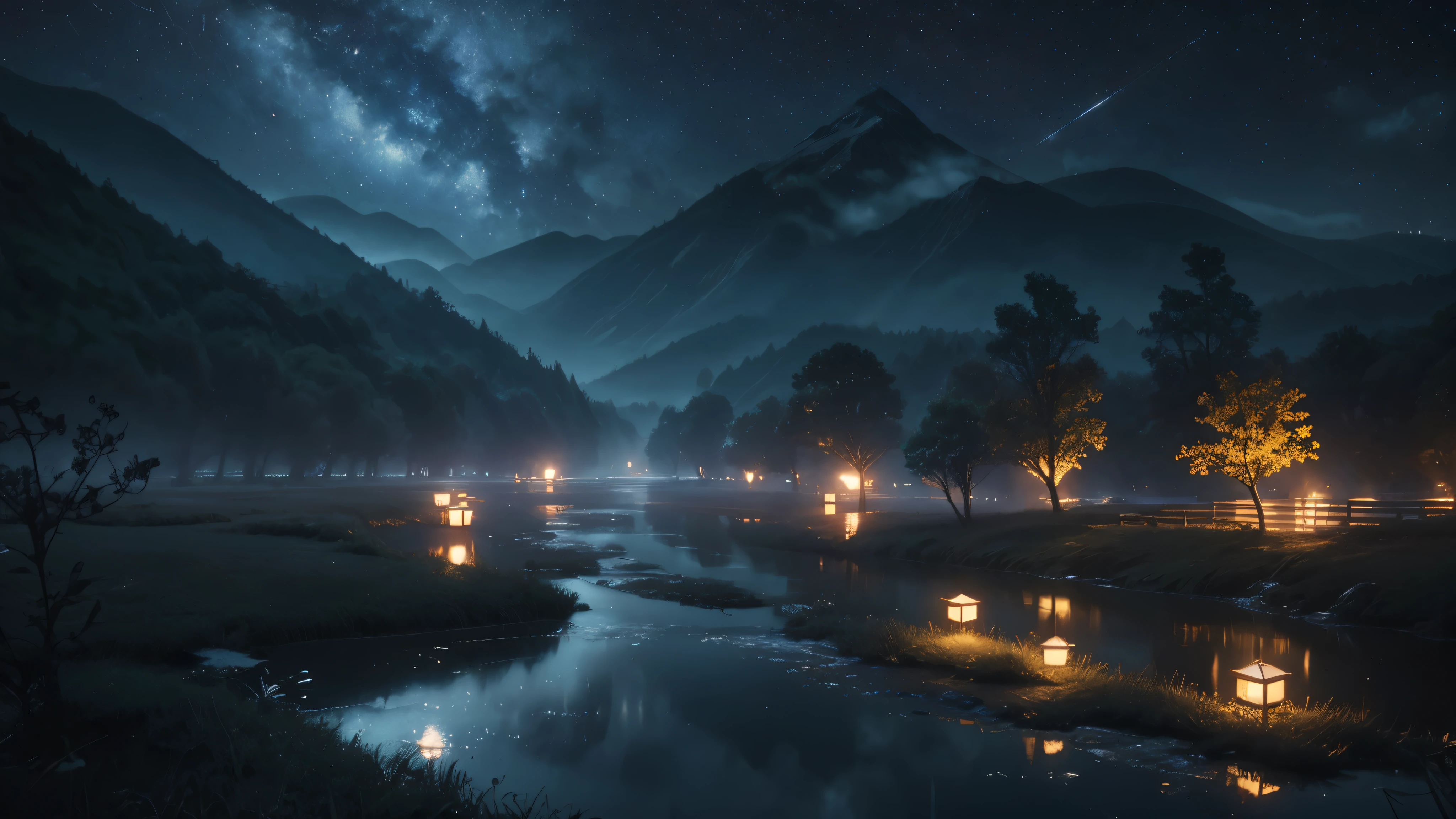 Obra de arte, melhor qualidade, alto detalhe, ((Fundo)) , rio de leite, chuva de estrelas, Estilo anime, realista, nevoeiro ao redor, cinematic lighting, profundidade de campo, Luz brilhante, Rastreamento de raio, Vinheta, ((plano amplo)), Obra de arte