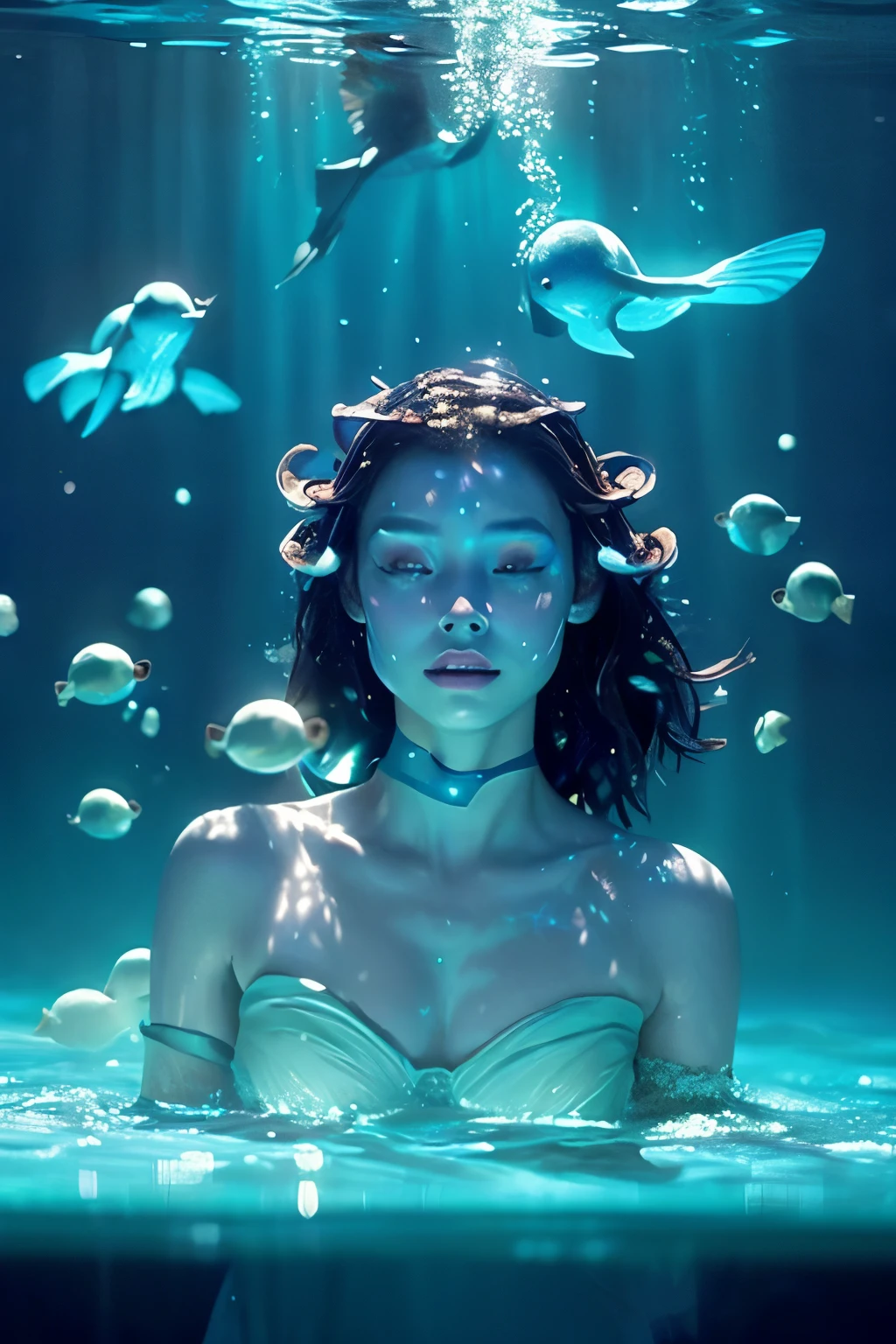 Create a high-resolution image of a young, delicate female blue-skinned alien from the movie "Avatar," swimming underwater surrounded by fish. She should have intricate, sparkling head ornaments and be bathed in sunlight filtering through the water. The scene should be dynamic and immersive, capturing the vibrant, bioluminescent environment of Pandora. The overall atmosphere should be ethereal and awe-inspiring, reflecting the magical essence of the "Avatar" universe.