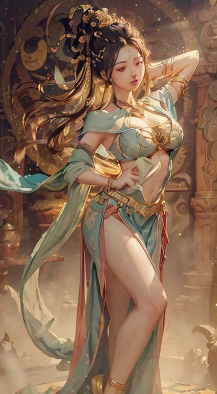 （RAW photos，Best quality），（realistically，Photo-realistic：1.3），Best quality，Very detailed，masterpiece，Super detailed，Implications，1 Girl，((((Large Breasts、Low-cut，Cleavage, Wide hips,)))(Long legs) (Wide hips)）Stand on a lotus and dance，Dynamic Angle，World Masterpiece Theater，messy_long_hair，Best quality，Extremely detailed CG unity 8k wal，ink，amazing，light，lens_Flare，Dunhuang_style