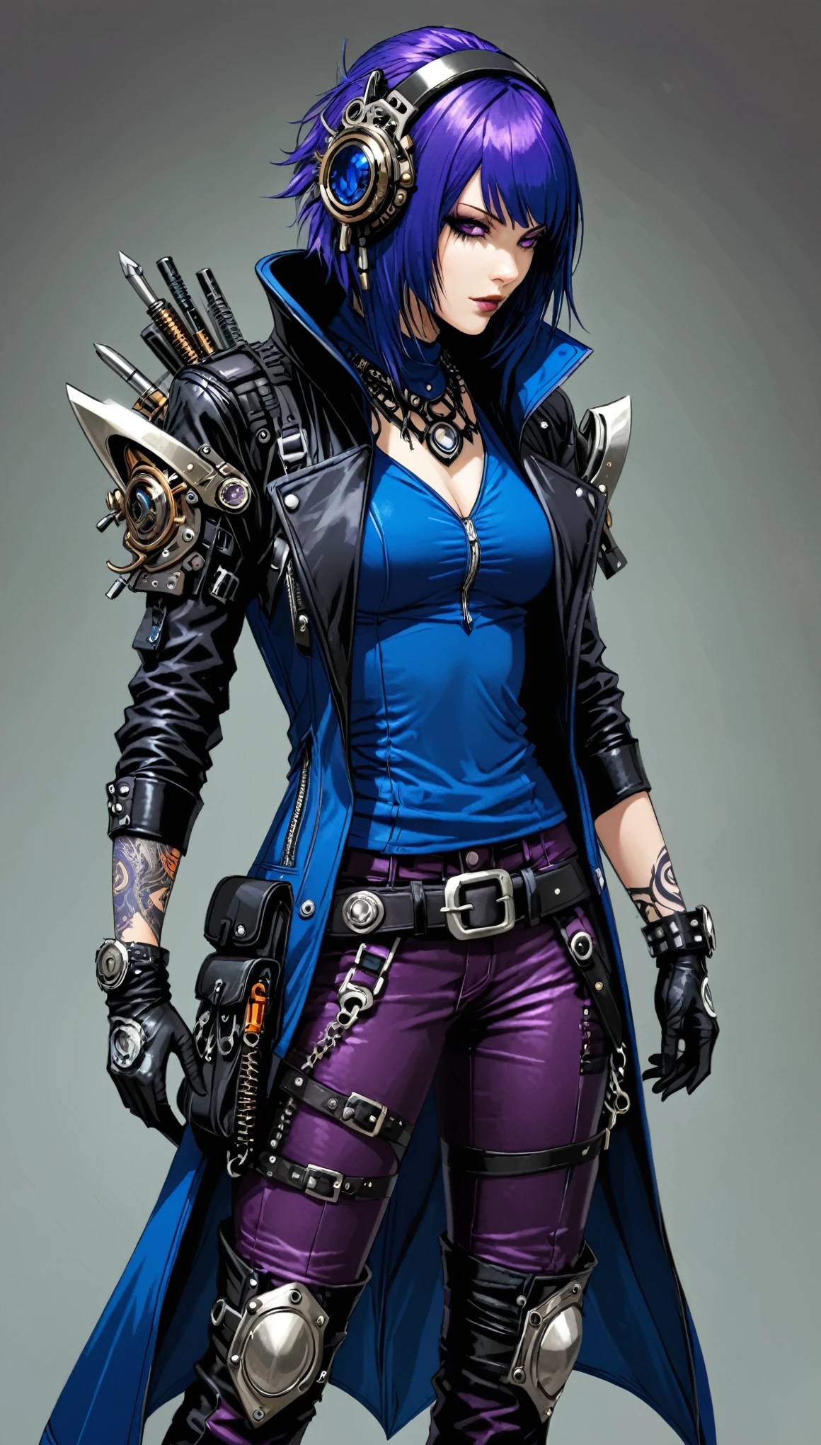 biopunk fashion,assassin,in style of Aaron Horkey,dodgerblue,darkviolet,